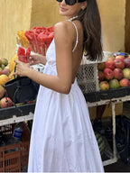 Open Back Cotton Midi Dress - Sleeveless V-Neck Design