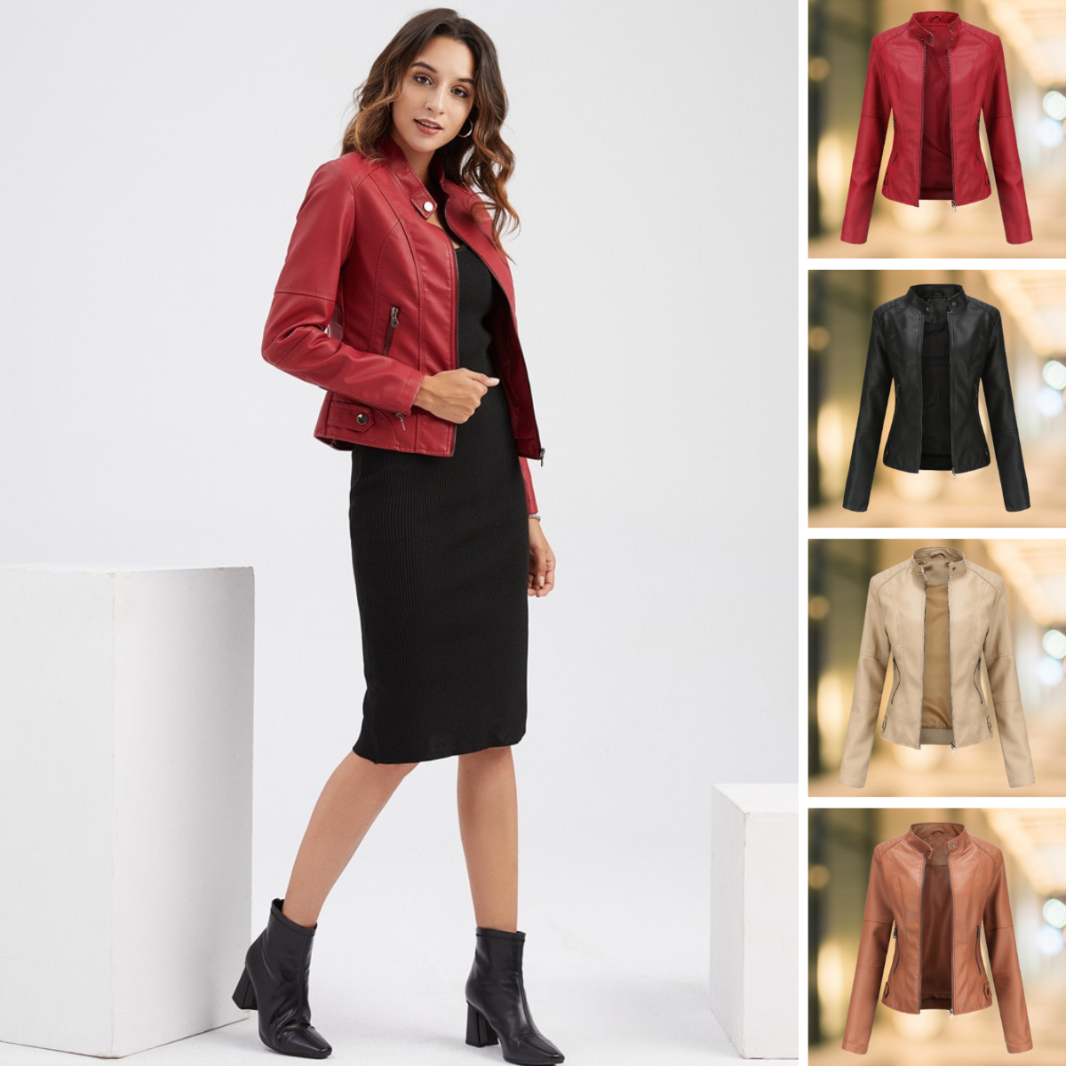 Leather Jacket with High Collar for Women