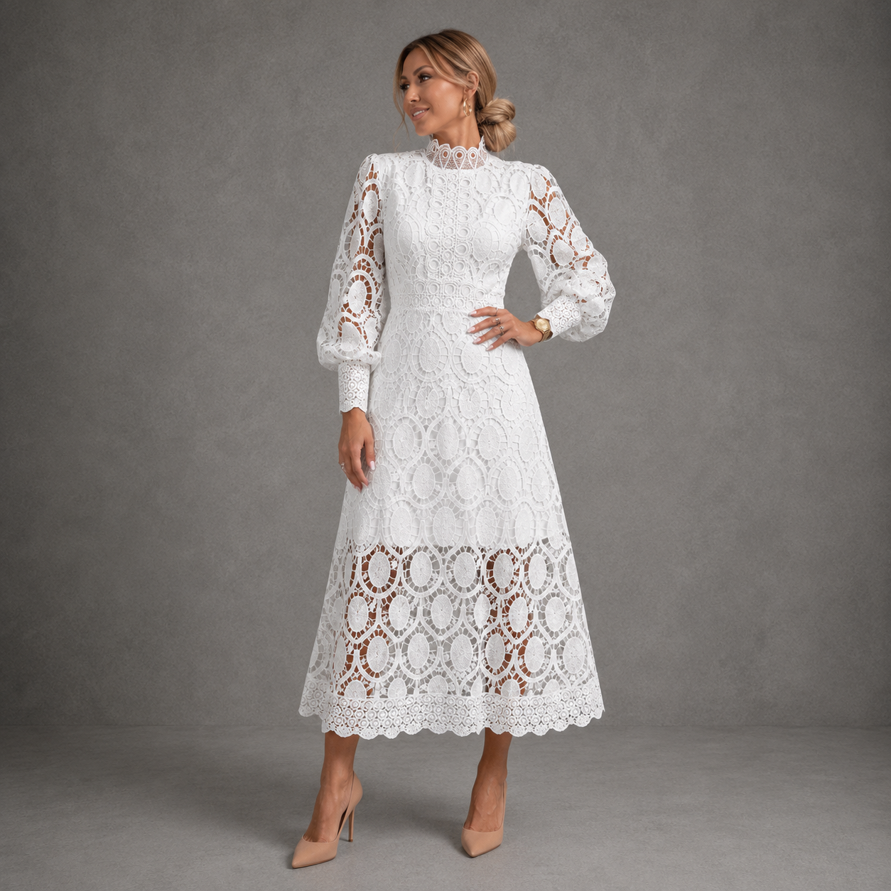 Joanne Lace Midi Dress – Elegant Long Sleeve