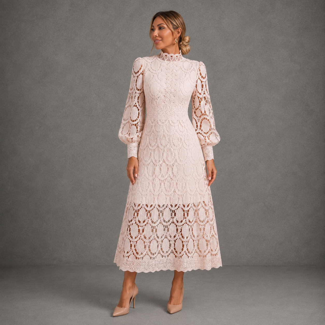 Joanne Lace Midi Dress – Elegant Long Sleeve