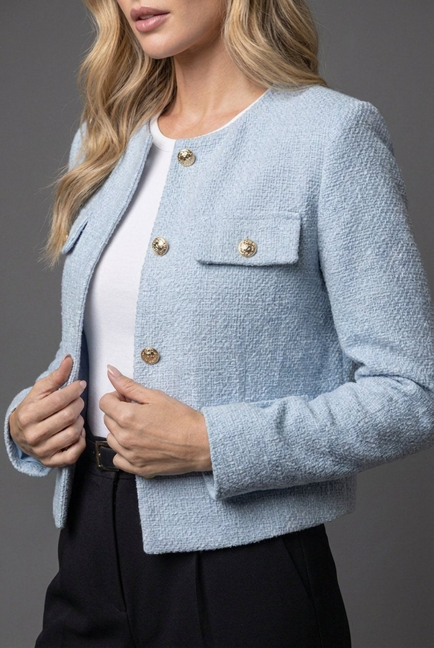 Women's Chic Cropped Tweed Blazer – Gold Buttons