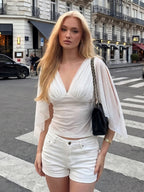 Deep V-Neck Mesh Split Flare Long Sleeve Top