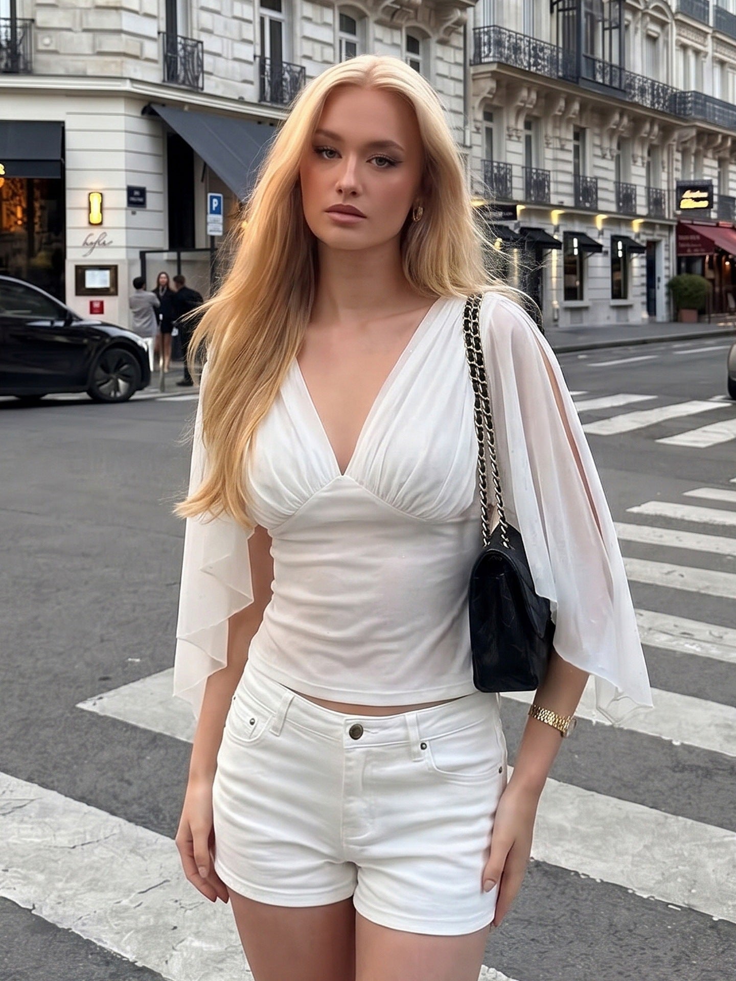 Deep V-Neck Mesh Split Flare Long Sleeve Top