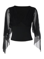 Deep V-Neck Mesh Split Flare Long Sleeve Top