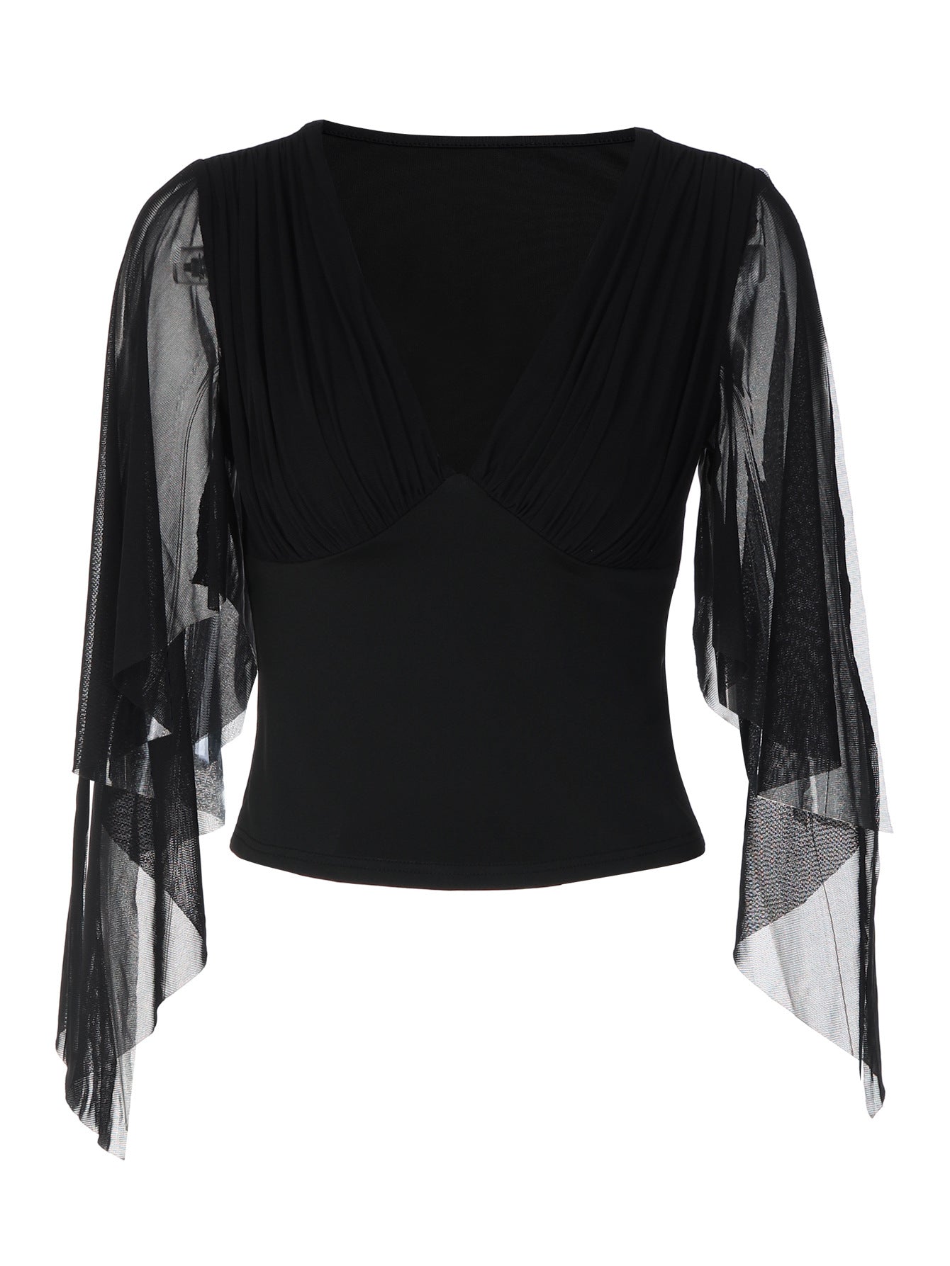 Deep V-Neck Mesh Split Flare Long Sleeve Top