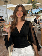 Deep V-Neck Mesh Split Flare Long Sleeve Top