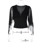 Deep V-Neck Mesh Split Flare Long Sleeve Top