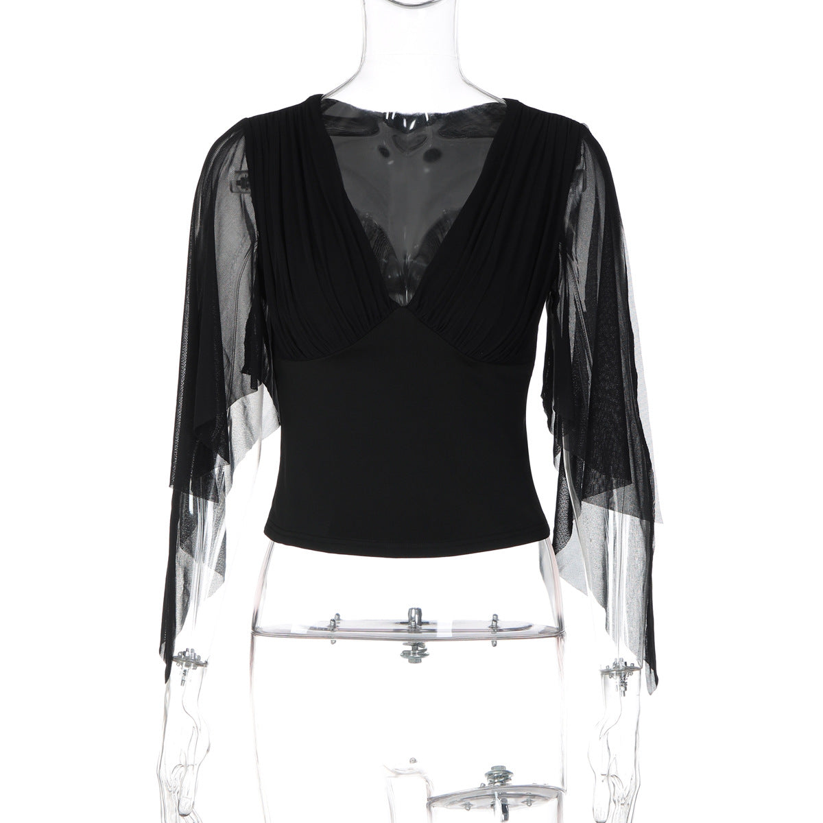 Deep V-Neck Mesh Split Flare Long Sleeve Top