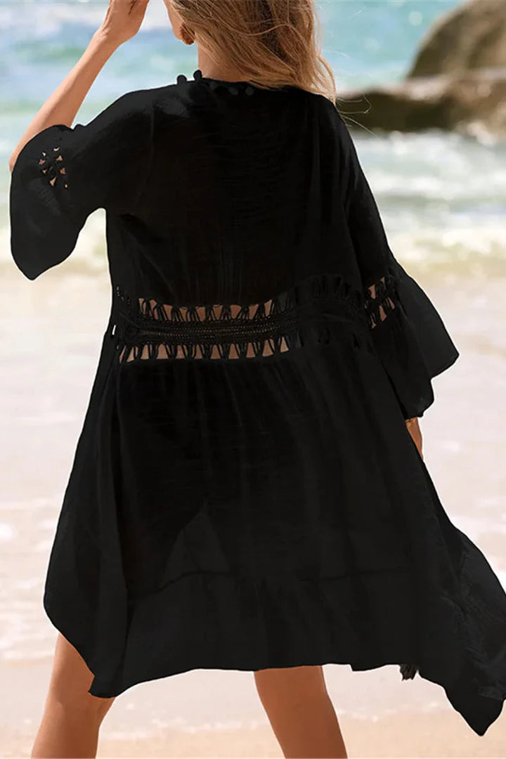 Women's Crochet Beach Cover Up - V-Neck Half Sleeve Knit Tunic