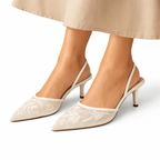 Women's Embroidered Mesh Mule Heels - Floral Pointed Toe Evening Shoes