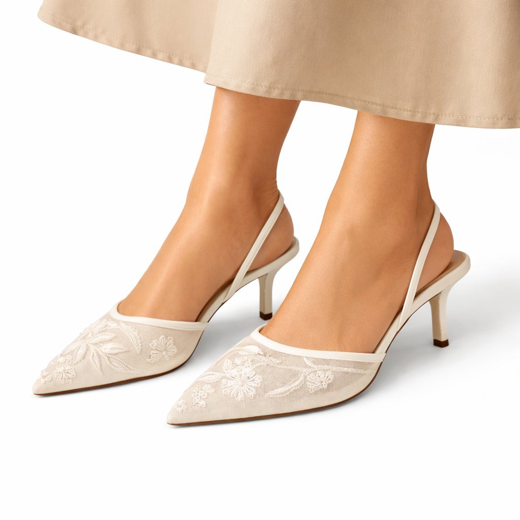 Women's Embroidered Mesh Mule Heels - Floral Pointed Toe Evening Shoes