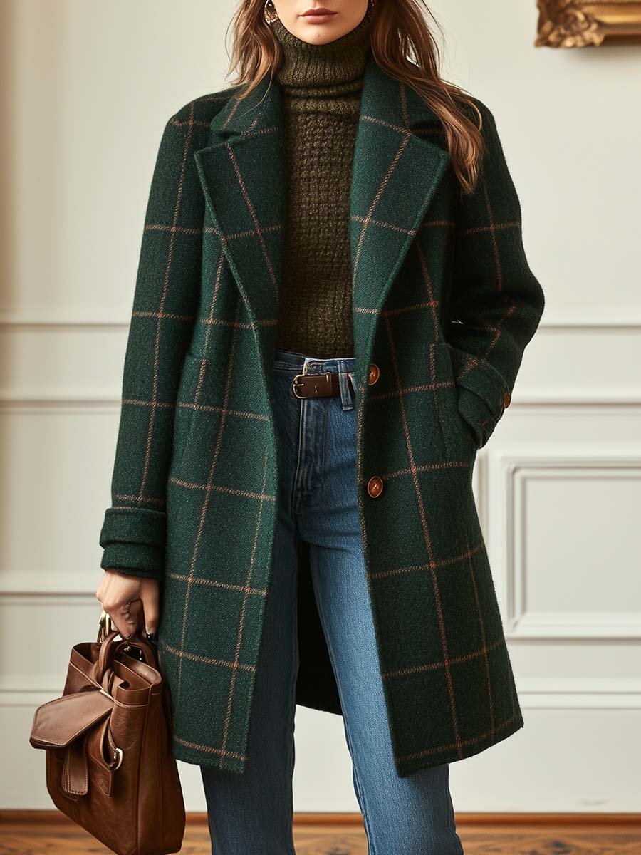 Women's Tweed Overcoat – Plaid Pattern