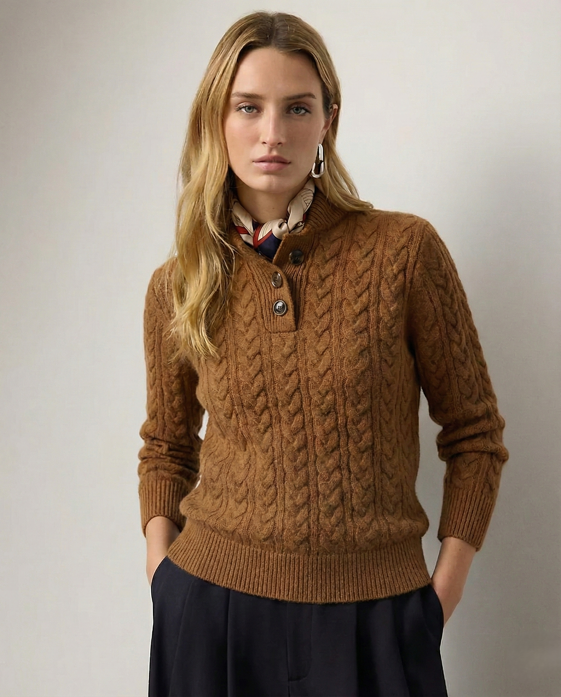 Arden Women’s Cable-Knit Cashmere Sweater – Button-Up