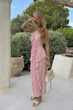 Eliza Pleated Ruffle Midi Dress - Sleeveless Flowy Fit