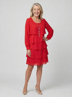 Women's Classic Layered Knee Length Dress - Clean Long Sleeve Design