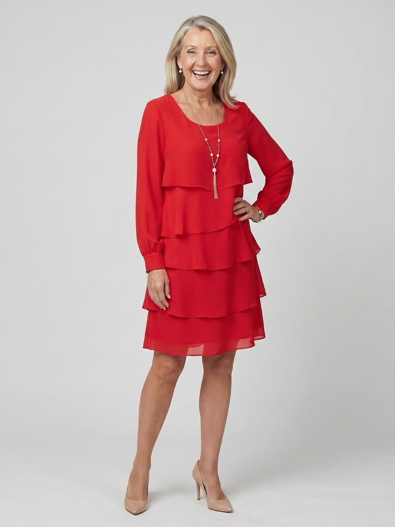 Women's Classic Layered Knee Length Dress - Clean Long Sleeve Design