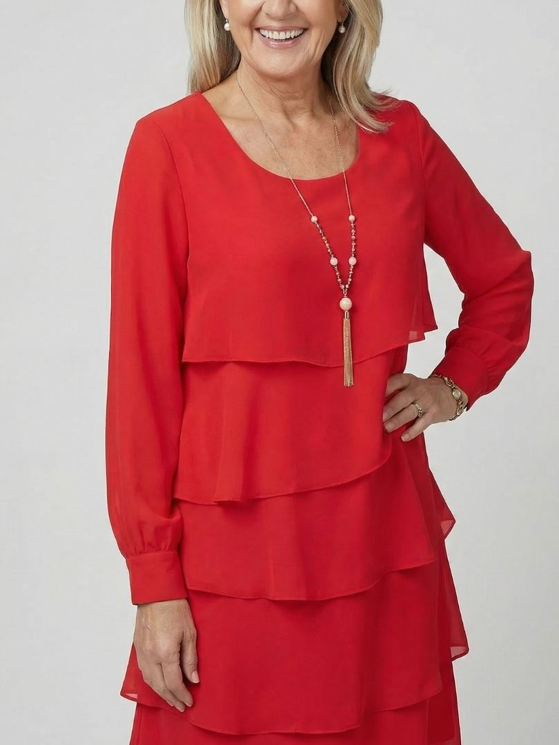 Women's Classic Layered Knee Length Dress - Clean Long Sleeve Design