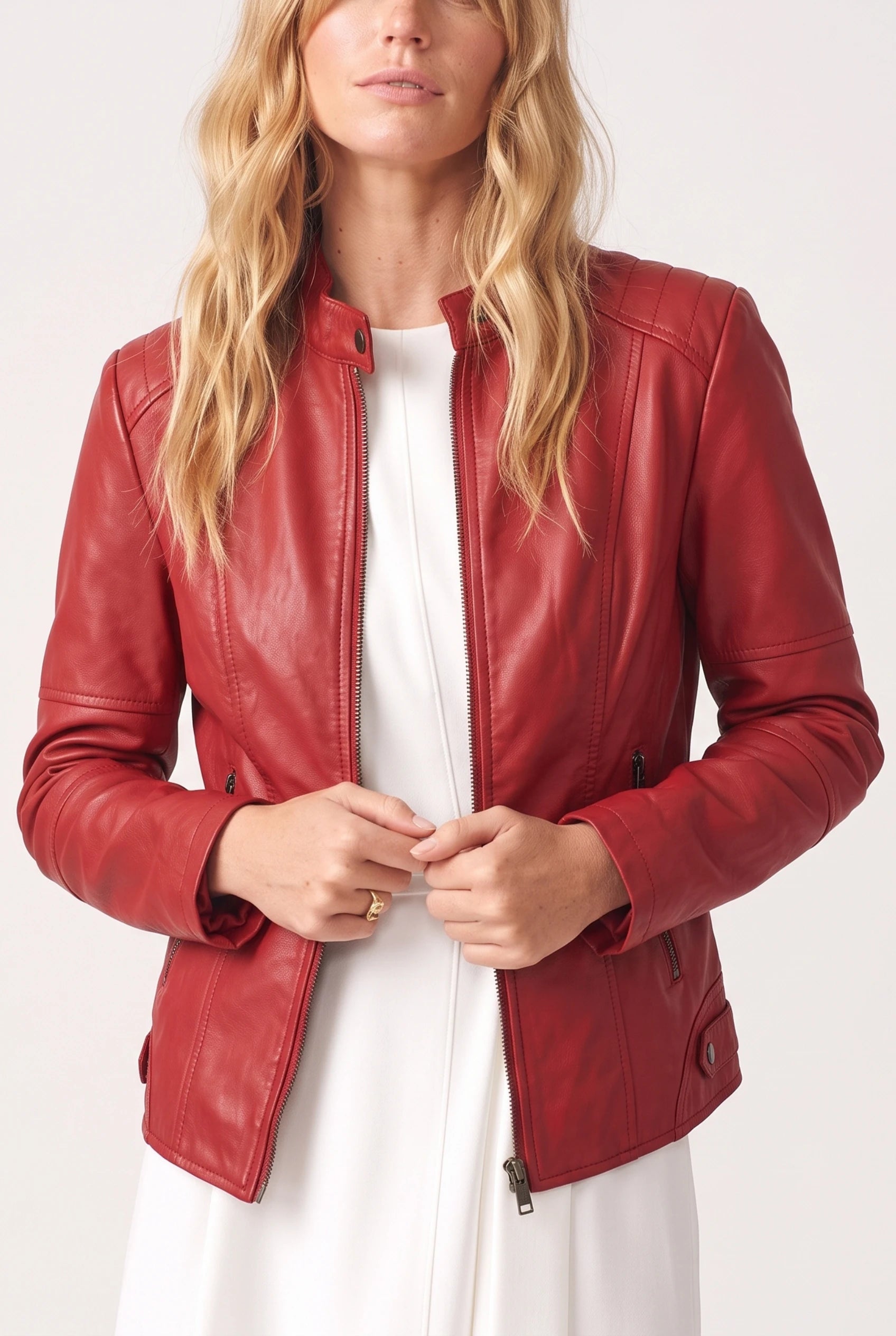 Leather Jacket with High Collar for Women