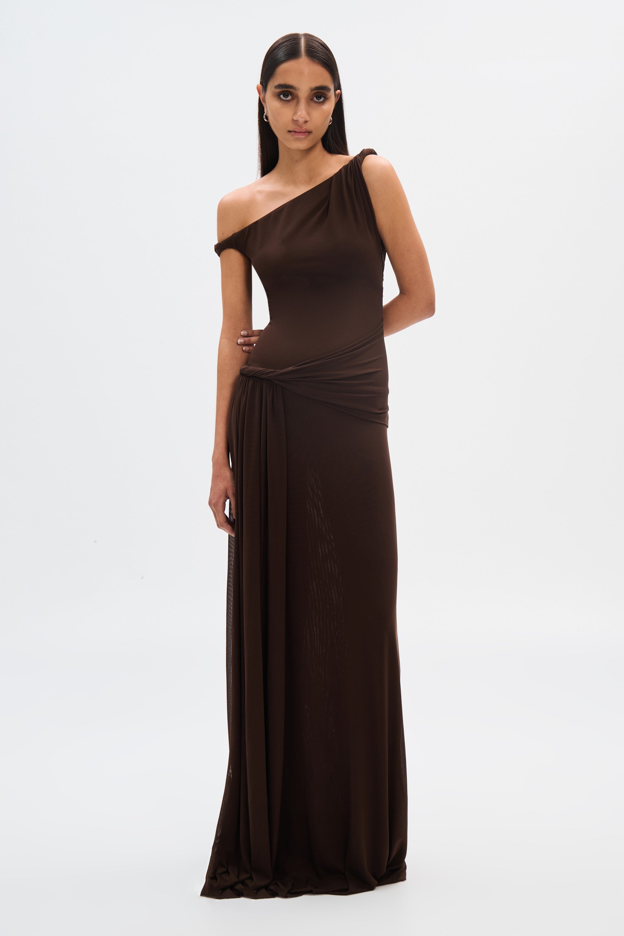 Mesh Draped Maxi Dress - Body-Hugging Silhouette