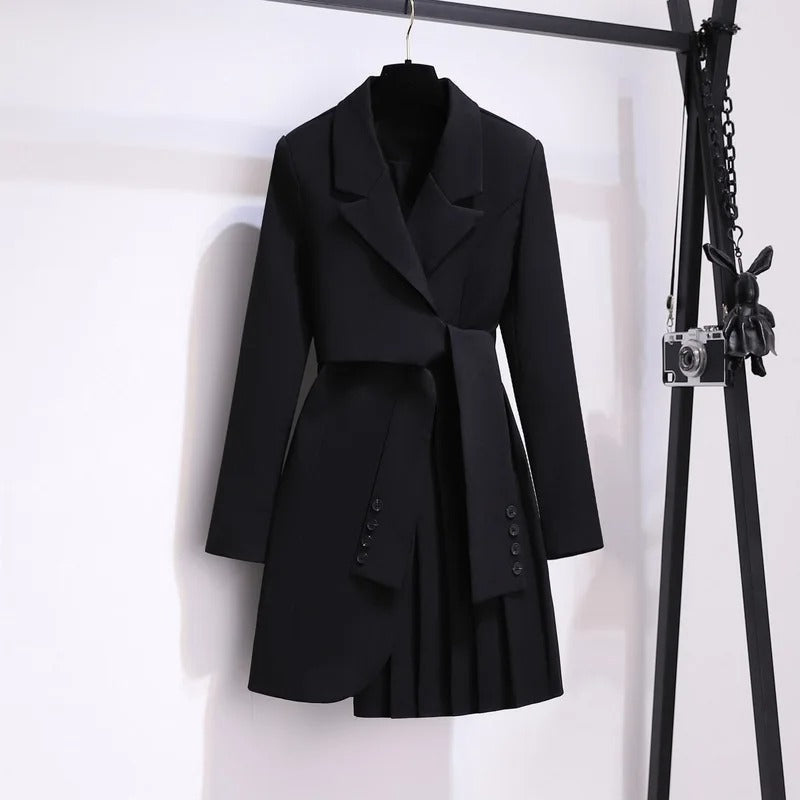 Women's Elegant Belted Coat – Pleated Hem