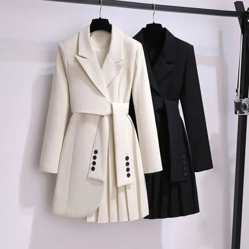 Women's Elegant Belted Coat – Pleated Hem