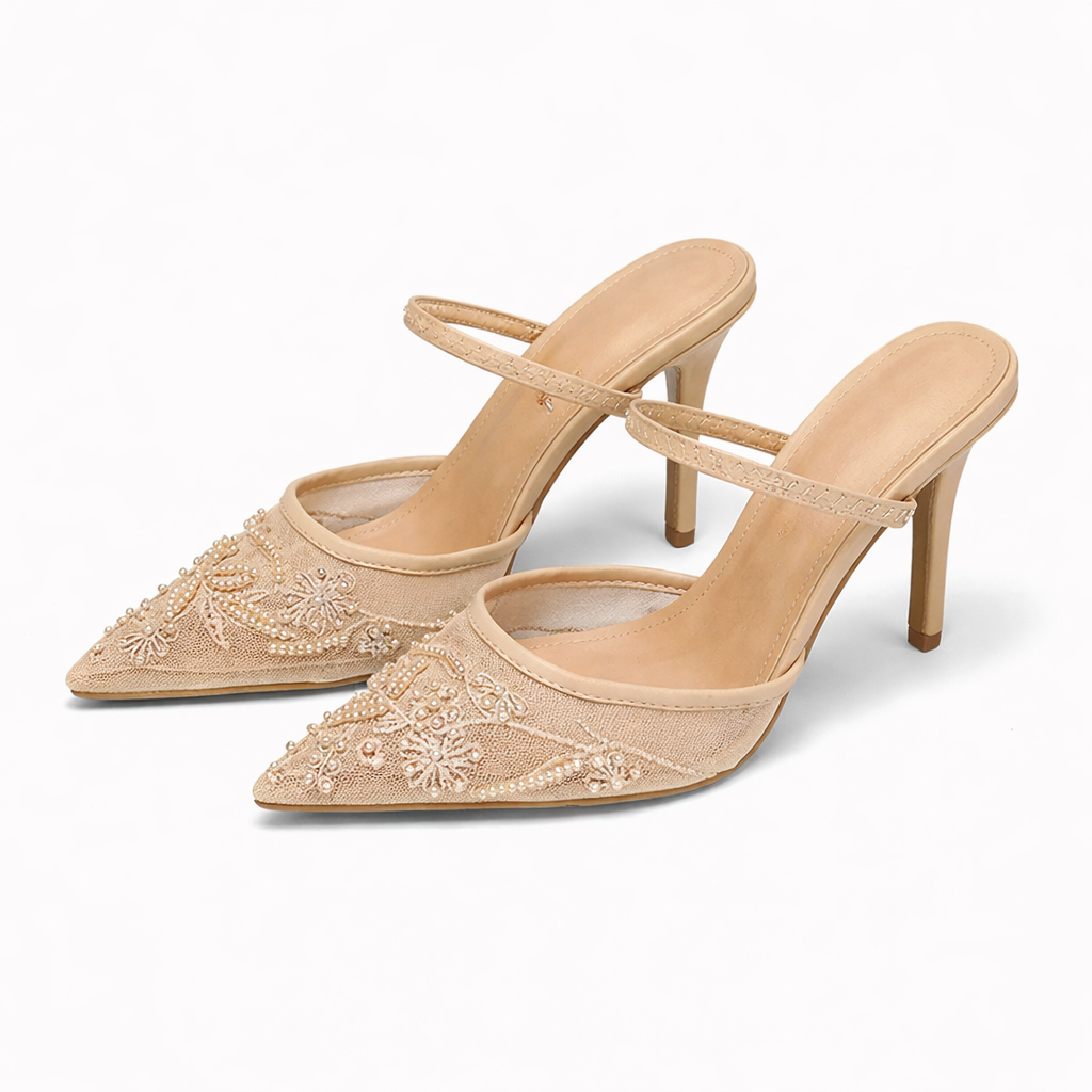 Women's Embroidered Mesh Mule Heels - Floral Pointed Toe Evening Shoes