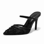 Women's Embroidered Mesh Mule Heels - Floral Pointed Toe Evening Shoes