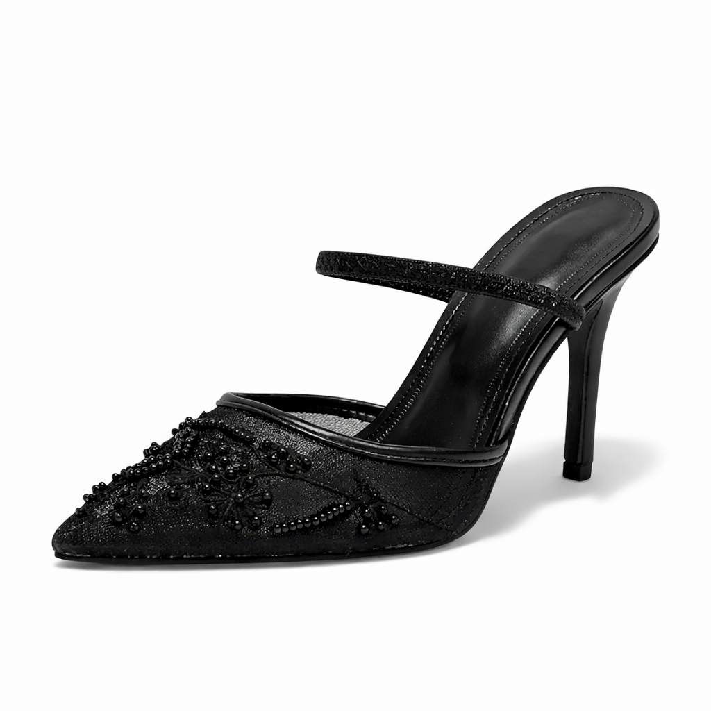Women's Embroidered Mesh Mule Heels - Floral Pointed Toe Evening Shoes