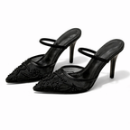 Women's Embroidered Mesh Mule Heels - Floral Pointed Toe Evening Shoes