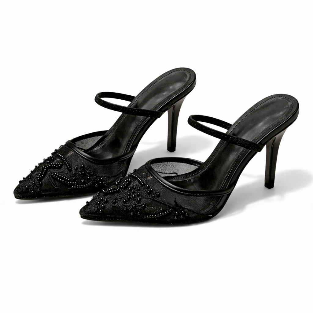 Women's Embroidered Mesh Mule Heels - Floral Pointed Toe Evening Shoes