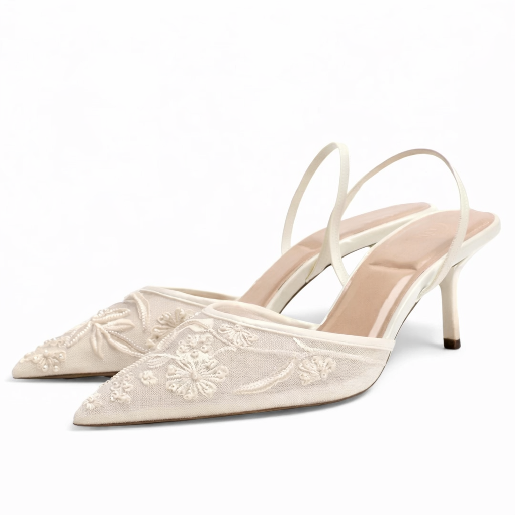 Women's Embroidered Mesh Mule Heels - Floral Pointed Toe Evening Shoes