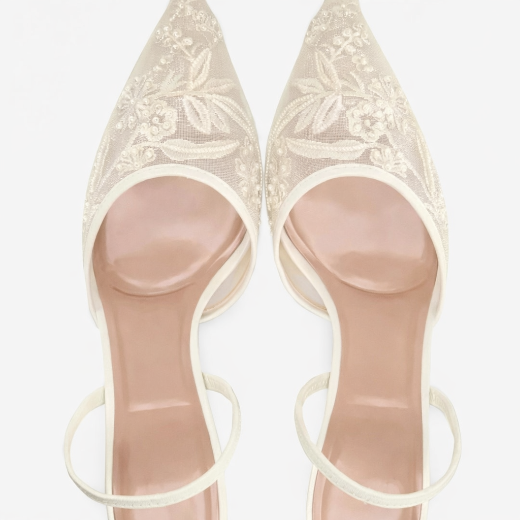 Women's Embroidered Mesh Mule Heels - Floral Pointed Toe Evening Shoes