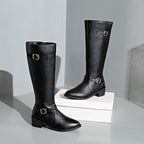 Women's Knee-High Riding Boots With Buckles And Block Heel