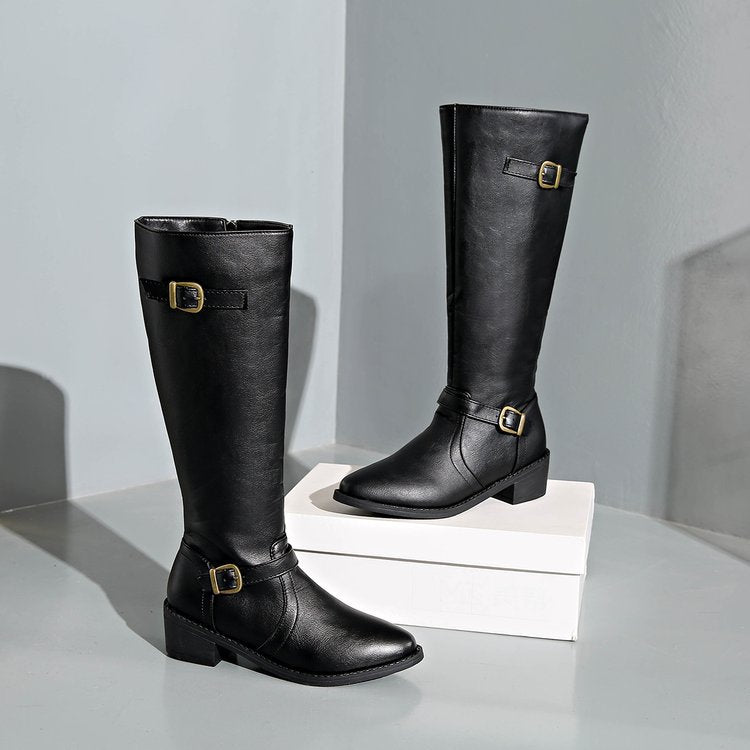Women's Knee-High Riding Boots With Buckles And Block Heel