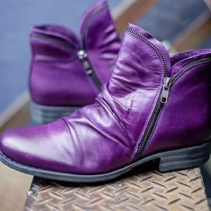 Women's Ankle-High Leather Boots with Vintage Heel