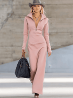Women's V-Neck Long Sleeve Fall Dress – Front Zipper