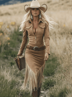 Women's Suede Long Sleeve Midi Fall Dress – Lapel Zipper