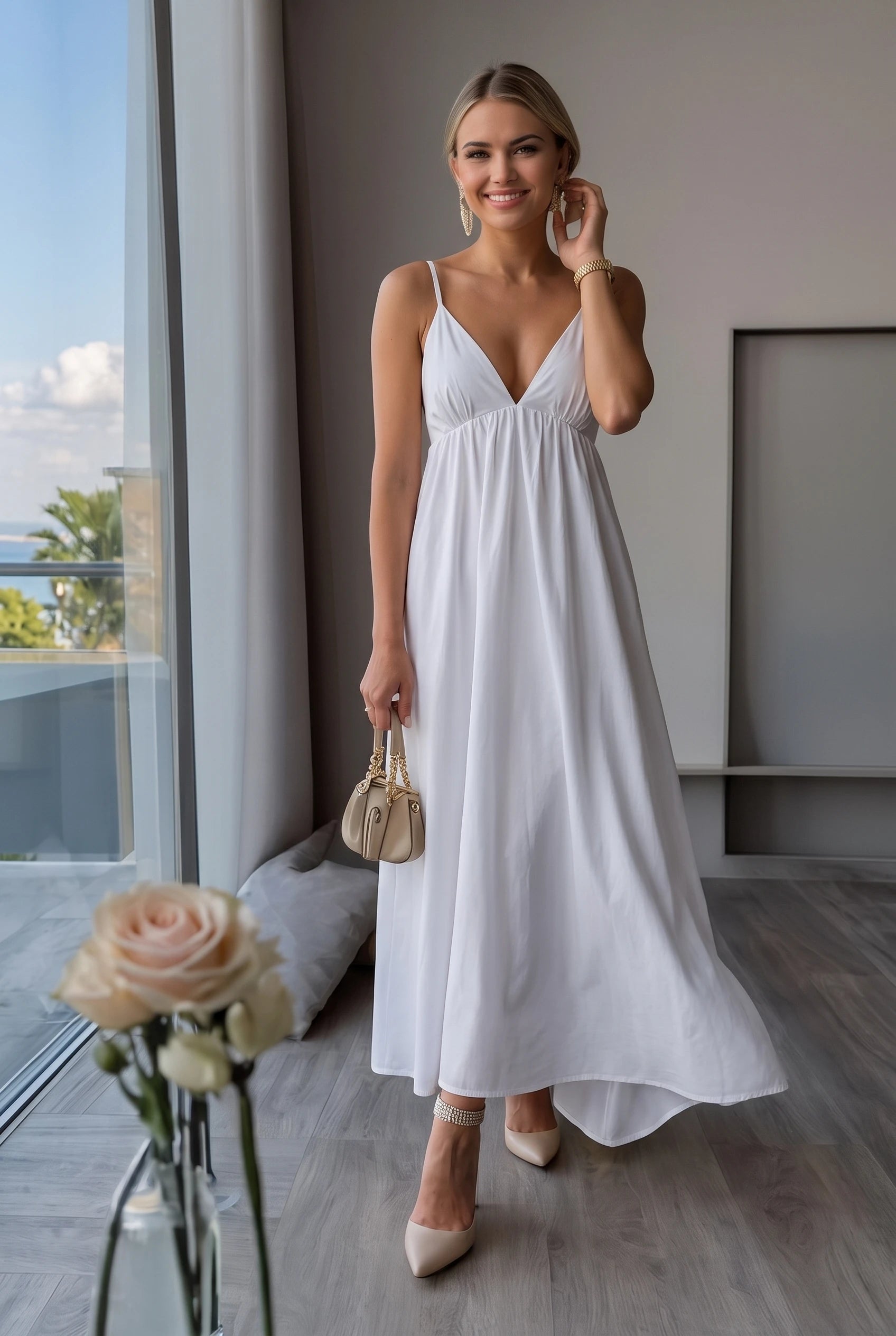 Open Back Cotton Midi Dress - Sleeveless V-Neck Design