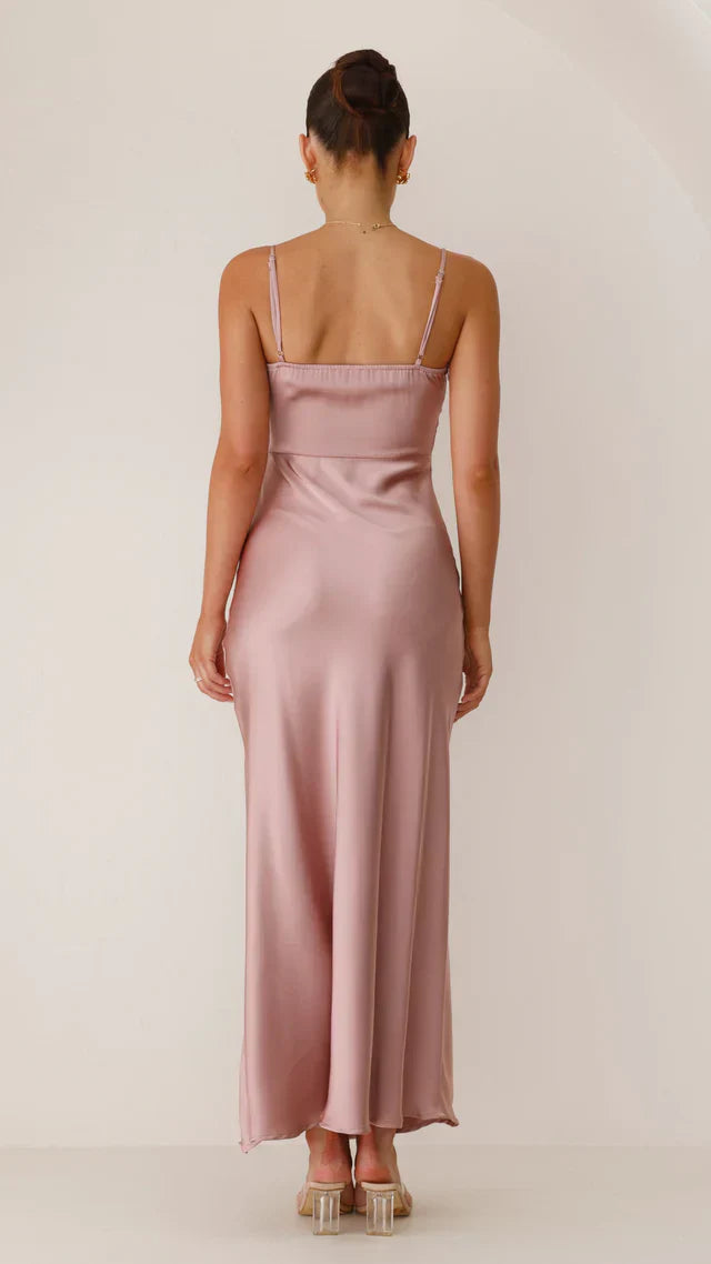 Ilana Satin Spaghetti Strap Maxi Dress – High Slit