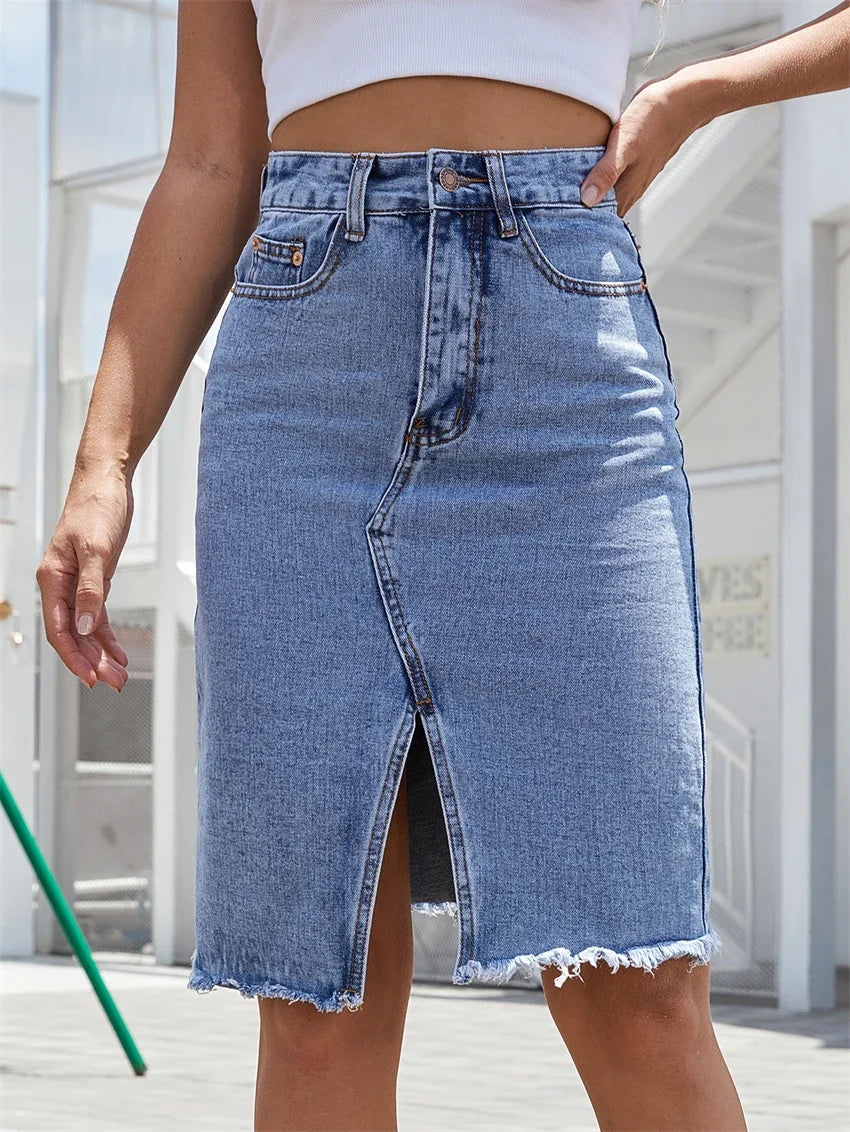 Women's Denim Midi Skirt - High-Waisted with Front Slit