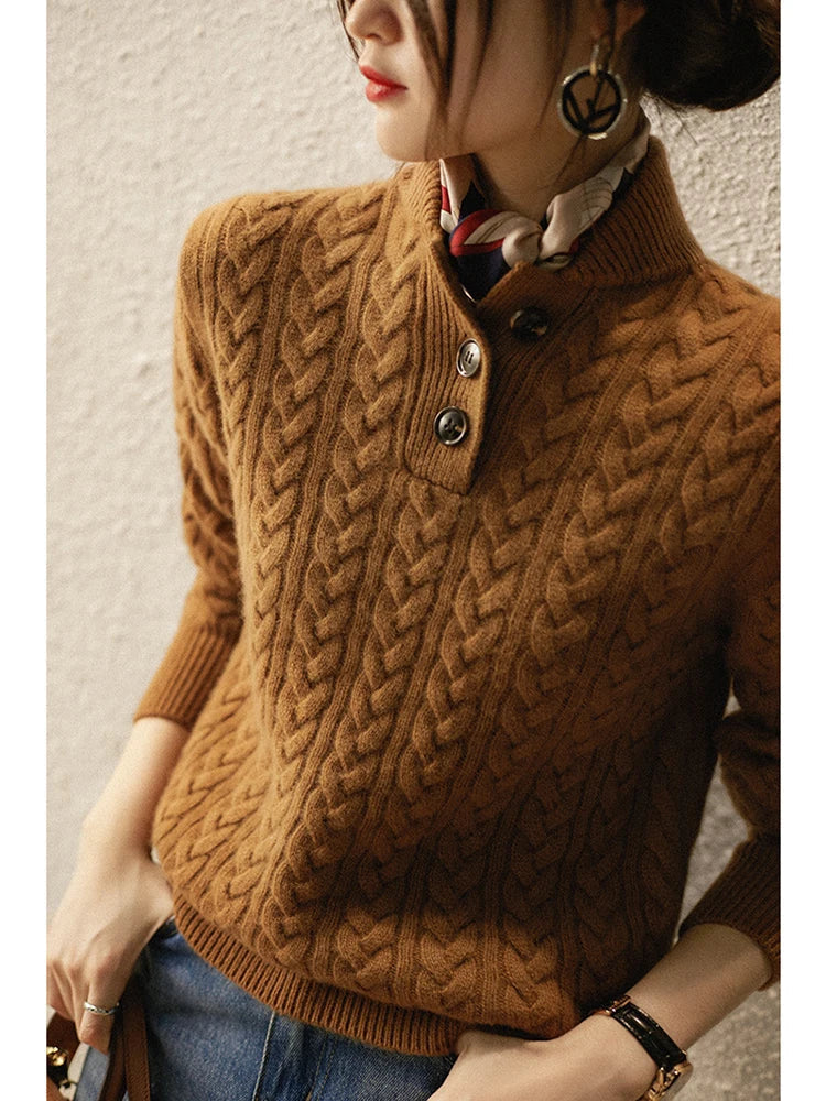 Arden Women’s Cable-Knit Cashmere Sweater – Button-Up
