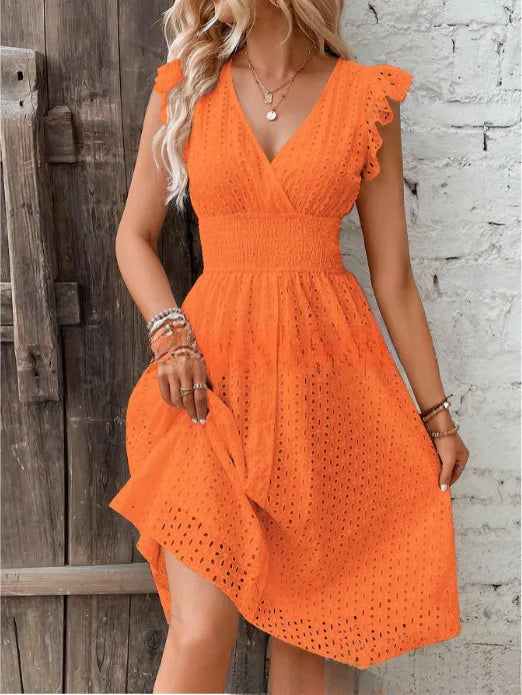 Lily V-Neck Summer Dress - Eyelet Smocked Waist A-Line