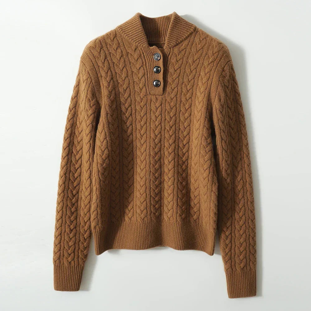 Arden Women’s Cable-Knit Cashmere Sweater – Button-Up