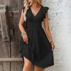 Lily V-Neck Summer Dress - Eyelet Smocked Waist A-Line