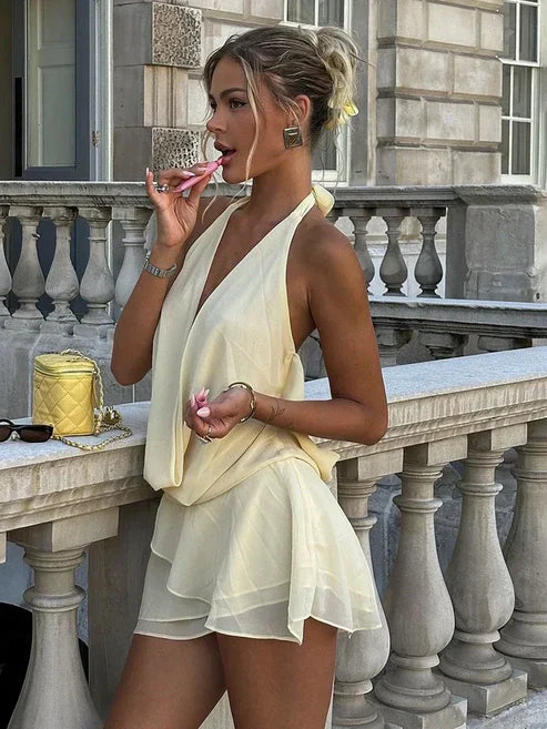 Women's Sheer Mesh Mini Dress - V-Neck A-Line High-Waisted Silhouette