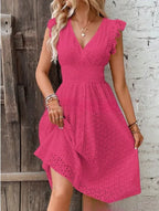 Lily V-Neck Summer Dress - Eyelet Smocked Waist A-Line