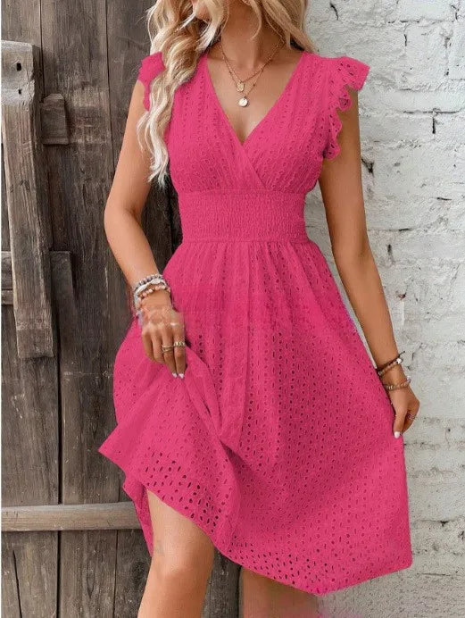 Lily V-Neck Summer Dress - Eyelet Smocked Waist A-Line