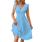 Lily V-Neck Summer Dress - Eyelet Smocked Waist A-Line