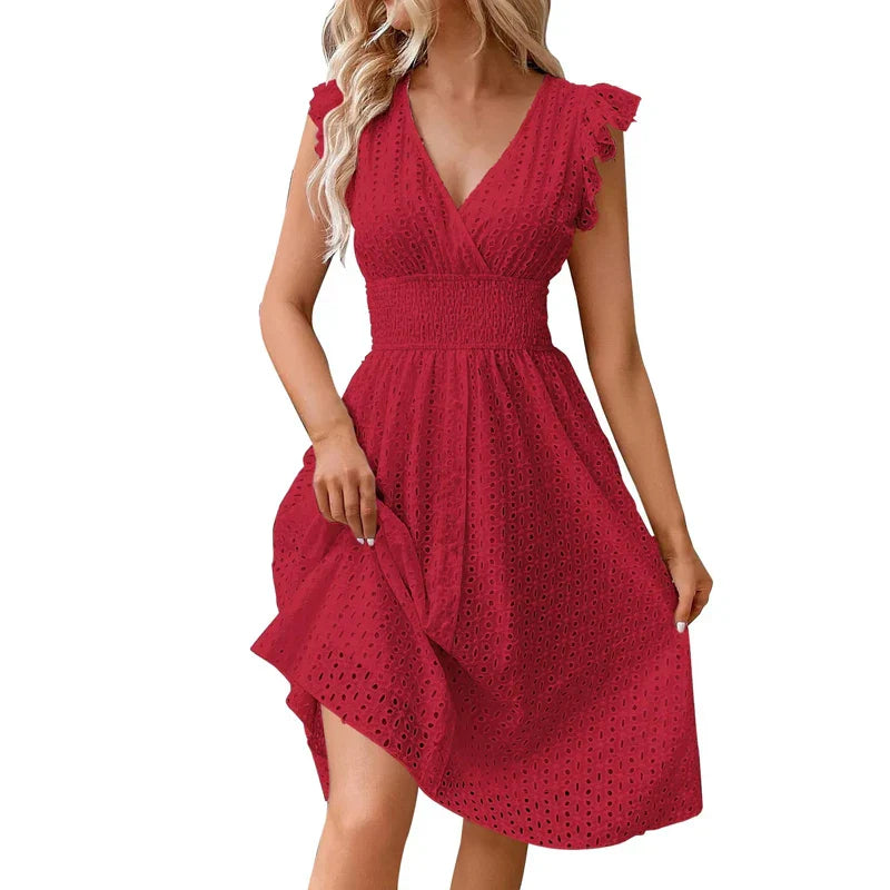 Lily V-Neck Summer Dress - Eyelet Smocked Waist A-Line