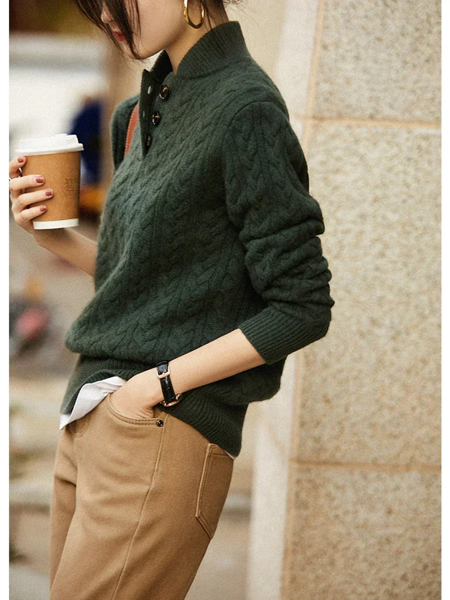 Arden Women’s Cable-Knit Cashmere Sweater – Button-Up
